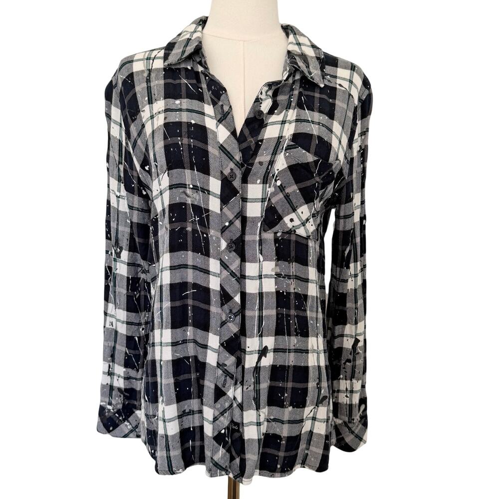 Rails (S) Paint Splatter Plaid Button Down Shirt Black White Grunge Indie Sleaze